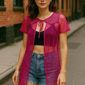 Elsie of Miami hot pink sheer nylon peignoir robe – lace yoke, flutter sleeves